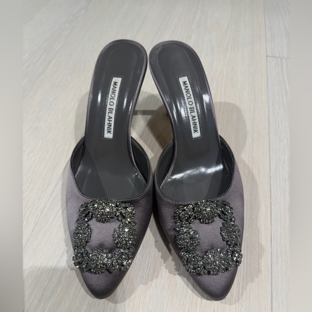 Manolo Blahnik Hangisimu Satin Jewel Buckle Mules